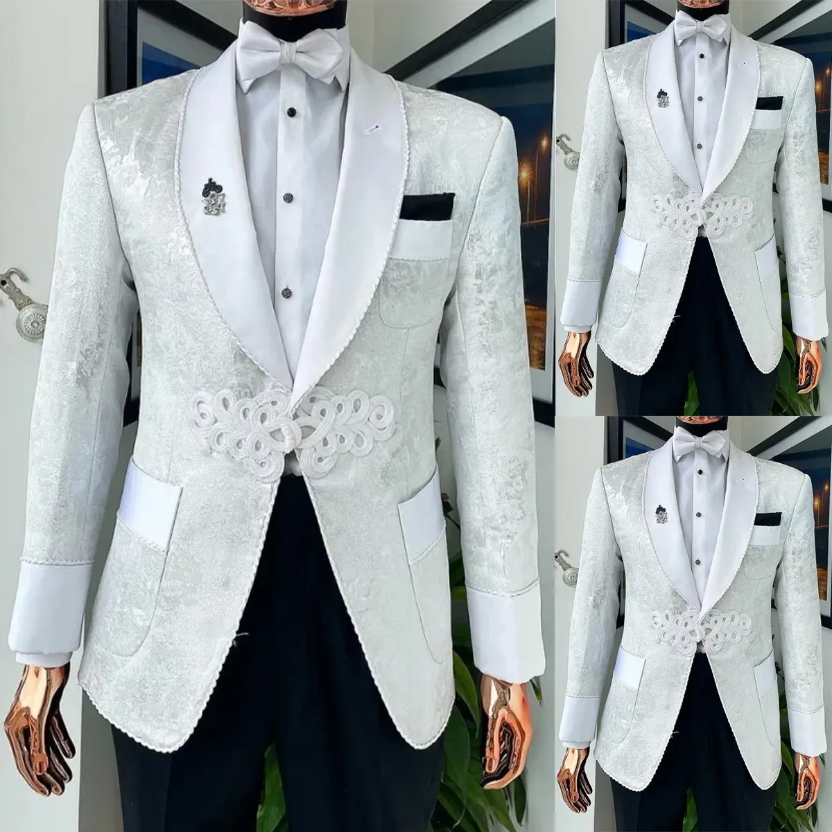 Gorgeous Wedding Tuxedos 2 Pieces Shawl Lapel One Button Pockets Jacquard Weave Customize Coat Pants Fashion Formal Prom Occasions Tailored Exquisite