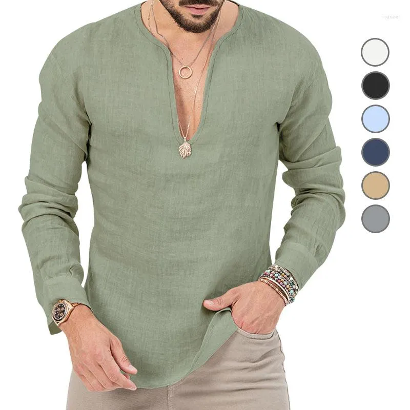 Men's T Shirts T-shirt European And American Spring/Summer Casual Tropical Cotton Linen Deep V-neck Solid Color Large Long Sleeved Shirt