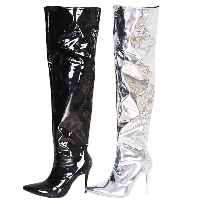 Botas de mujer Plataforma de espejo Punta puntiaguda Punk Tacones altos y finos Botas largas por encima de la rodilla Otoño Invierno Cremallera Plata Zapatos de fiesta casuales para niñas Zapatos