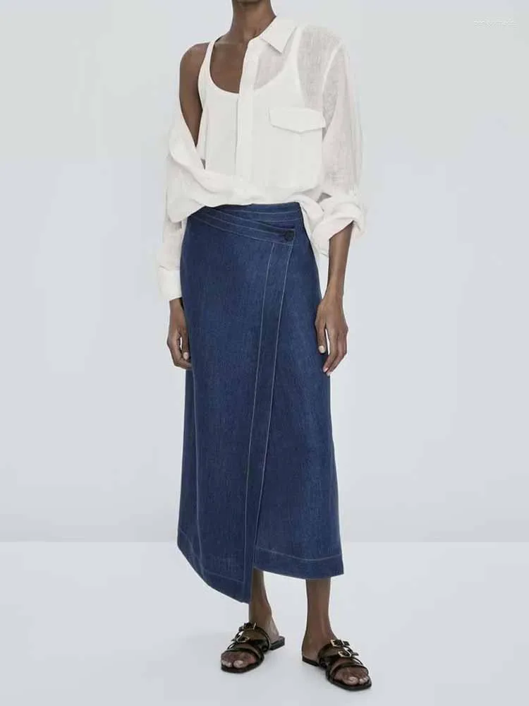 Kjolar kvinnor 2023 chic mode split design asymmetrisk blå denim midi kjol vintage hög midja knapp-up kvinnlig mujer