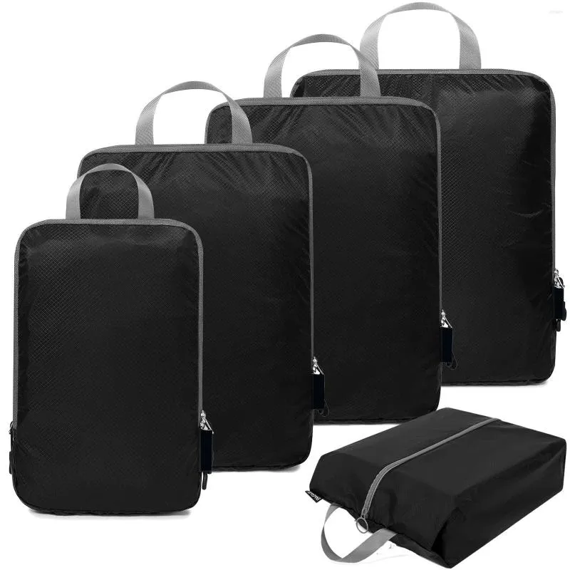 Sacs Duffel 5pcs Cubes d'emballage compressés Organisateur de stockage de voyage Ensemble avec sac à chaussures Mesh Bagage visuel Portable Valise légère