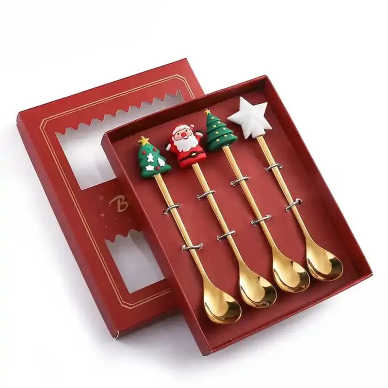 4-teiliges Weihnachts-Geschenkset mit Cartoon-Motiv, Dessert, Goldlöffel und Gabel, Edelstahl-Besteck-Set mit Geschenkbox