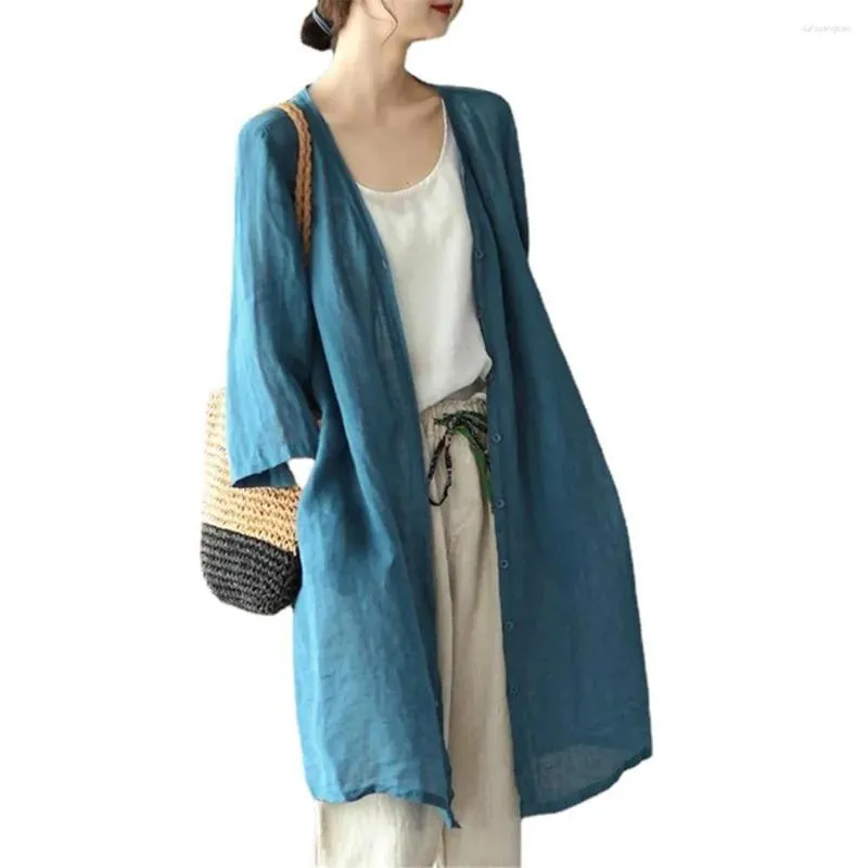 Maglia da donna Cardigan Kimono da donna Camicetta lunga in lino di cotone allentato Camicia estiva a maniche casual sottile e solida Top per ragazze Colore caramella