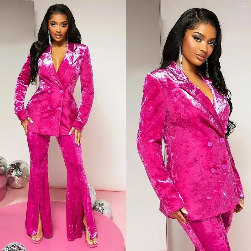 Women's Two Piece Pants Rose Red Velvet Business Suit V-neck Evening Party Wedding Tailcoat Formal Commuter Set