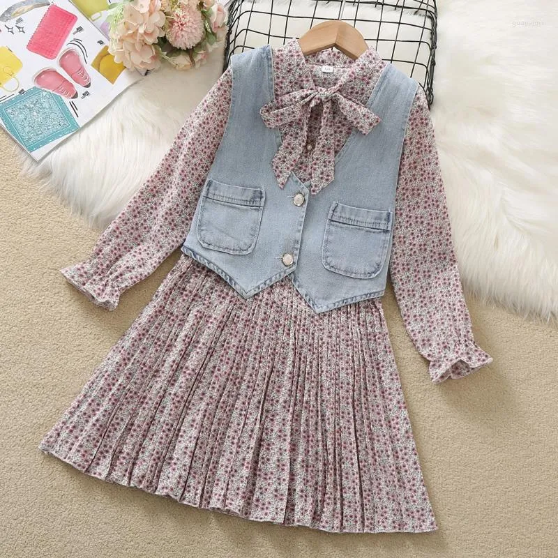 Clothing Sets Autumn Girls Clothes Suit 6 8 10 12 14 Years Kids Tracksuit Gril Set Floral Dress Denim Vest Children 2Pcs