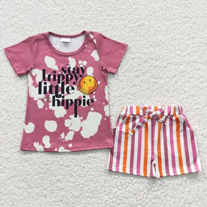 Kläderuppsättningar GSSO0314 Baby Girl Summer Clothers Letter Print Top With Stripes Shorts Kids Boutique Set