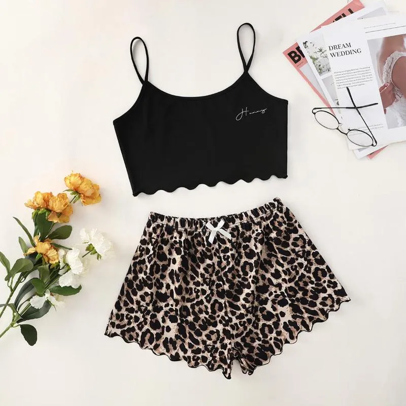 Damen-Nachtwäsche mit Buchstaben-Grafik, Muschelsaum, Cami-Top und Leoparden-Shorts, modisches, sexy Unterwäsche-Pyjama-Set