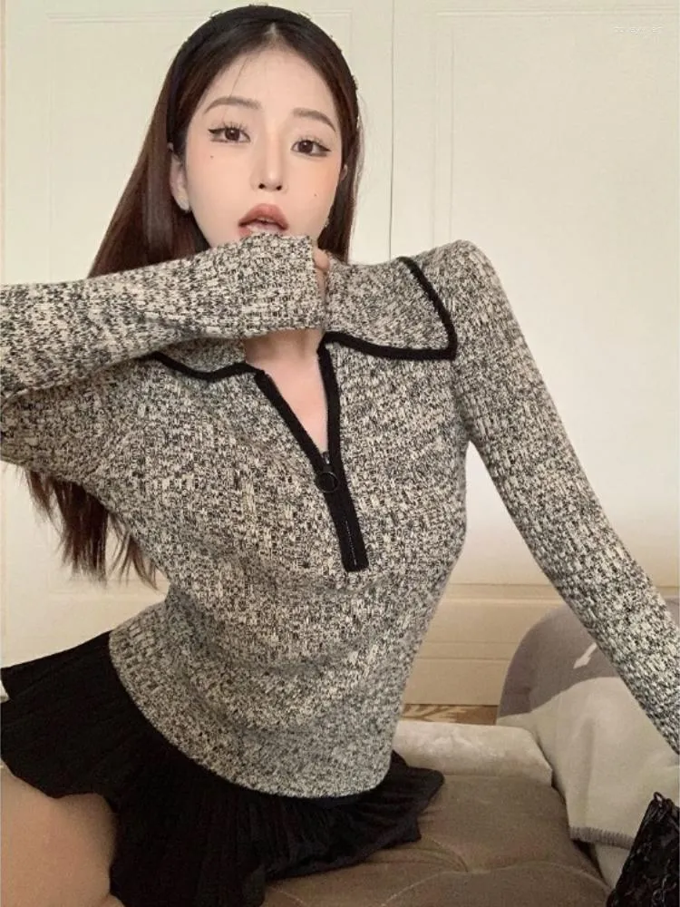 Pulls pour femmes Automne Vintage Zipper Turn Down Collier Femme Mode coréenne Tous Matach Cardigan Mujer Basic Y2K Esthétique Slim Pull