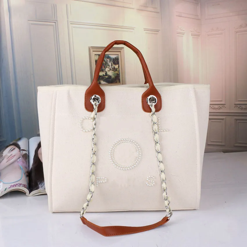Tote bag women designer bag handbag beach bag Canvas women Shopping bag with 2 pieces purse pearl embroidery chain handbags
