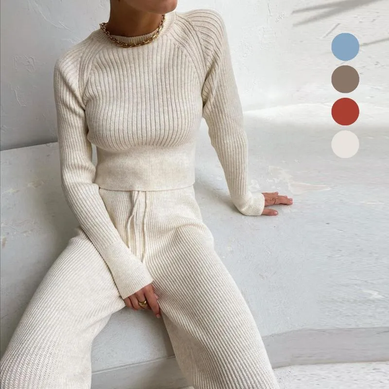 Suéteres femininos moda europeia 2023 outono inverno cintura fina bodycon camisola de malha e perna larga calças compridas twinset casual terno