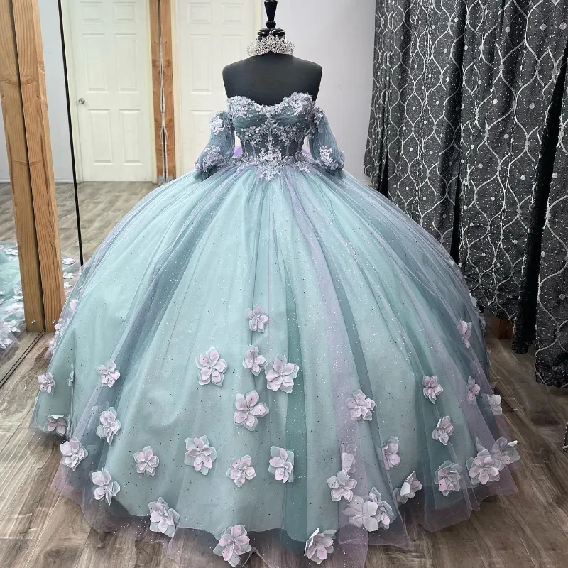 Ljusgrön bling quinceanera klänningar mexikansk älskling utanför axeln kort ärm applikation 3dflower bollklänningar puffy vestidos