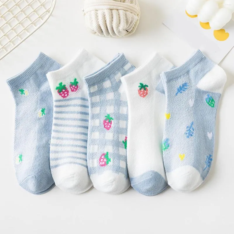 Women Socks 5 Pairs Slippers Cartoon Fruit Print Cute Summer Pattern Fashion Comfortable Sock Knitted Ankle Slipper Home
