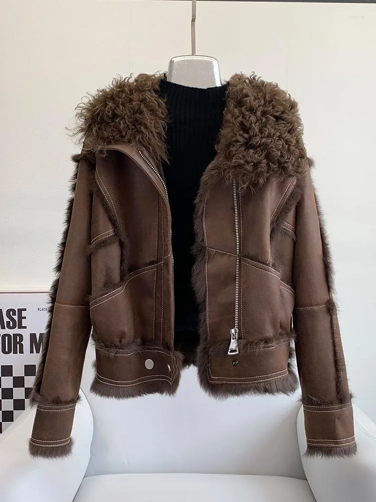 Veste en fourrure pour femme, manteau court épais et chaud, à la mode, noir et marron, en agneau, parka d'hiver, 2023