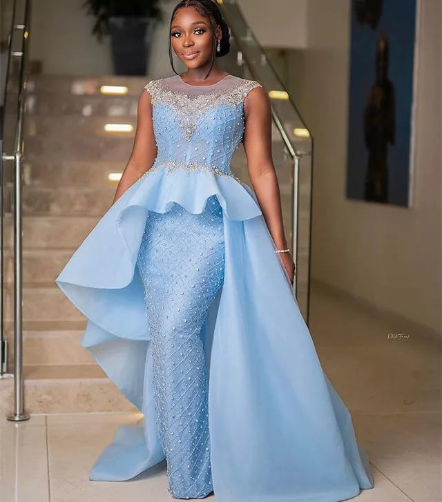 2023 Aso Ebi arabe ciel bleu sirène robe de bal perles cristaux sexy soirée formelle fête deuxième réception anniversaire robes de fiançailles robes robe de soirée ZJ238