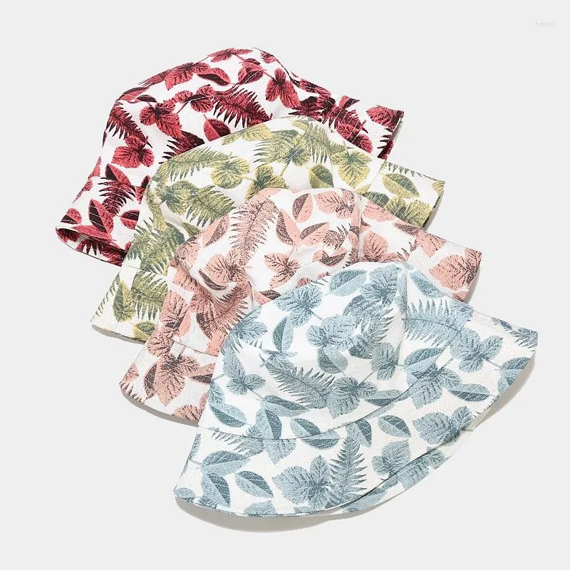 BERETS 2023 Four Seasons Cotton Leaves Print Bucket Hat Fisherman Outdoor Travel Sun Cap Hats for Men and Women 345