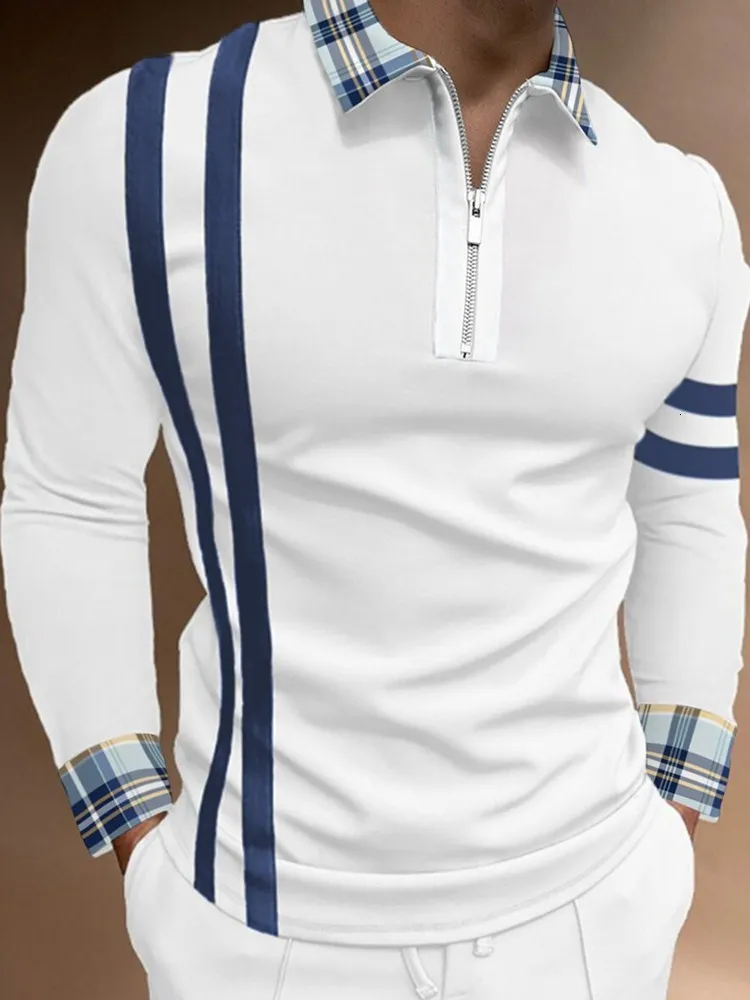 Polos masculinos de alta qualidade, homens de outono camisetas pólo listrado casual de manga comprida camisa masculina gole de gola zíper pólo de retalhos 230901