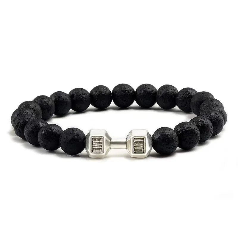 Haute qualité hommes Bracelet de perles naturel noir pierre de lave haltère bracelets porte-bonheur énergie Fitness haltère mode femmes bijoux en gros YMB002