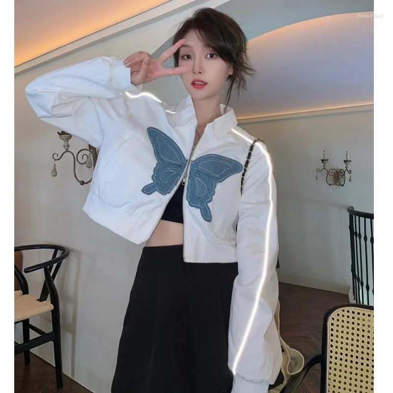 Women's Knits Korejepo Butterfly Embroidered Short Jacket Women Autumn Stripes American Style Loose Front Shoulder Long Sleeved Top