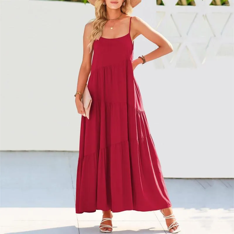 Vestidos casuais mulheres verão vestido solto espaguete cinta o-pescoço praia estilo cor sólida cobrir longo maxi sundress