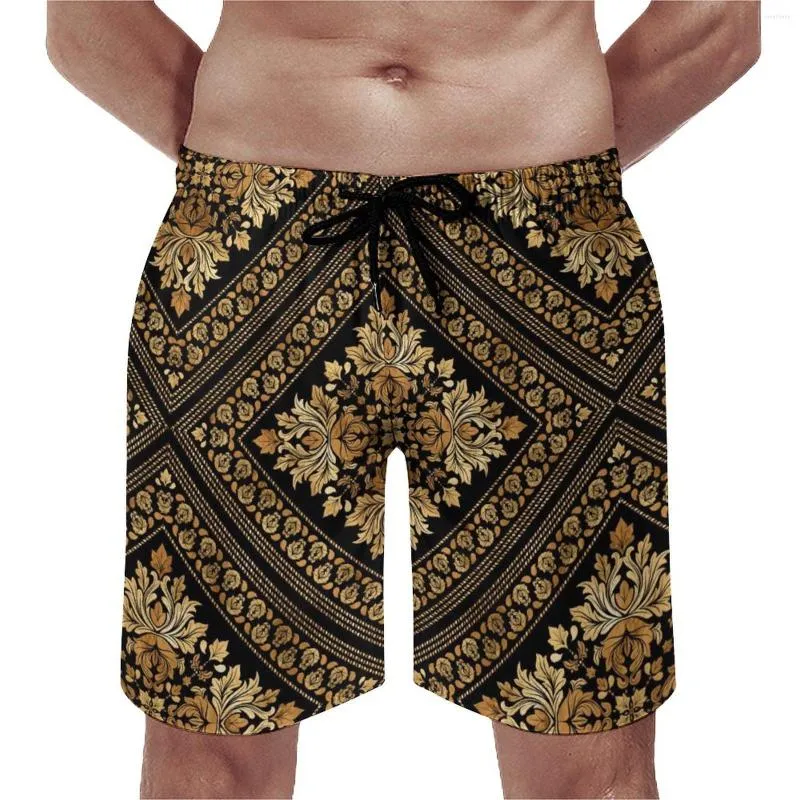 Short pour homme doré baroque planche orientale vintage damassé décontracté plage pantalon court motif surf séchage rapide maillot de bain cadeau d'anniversaire