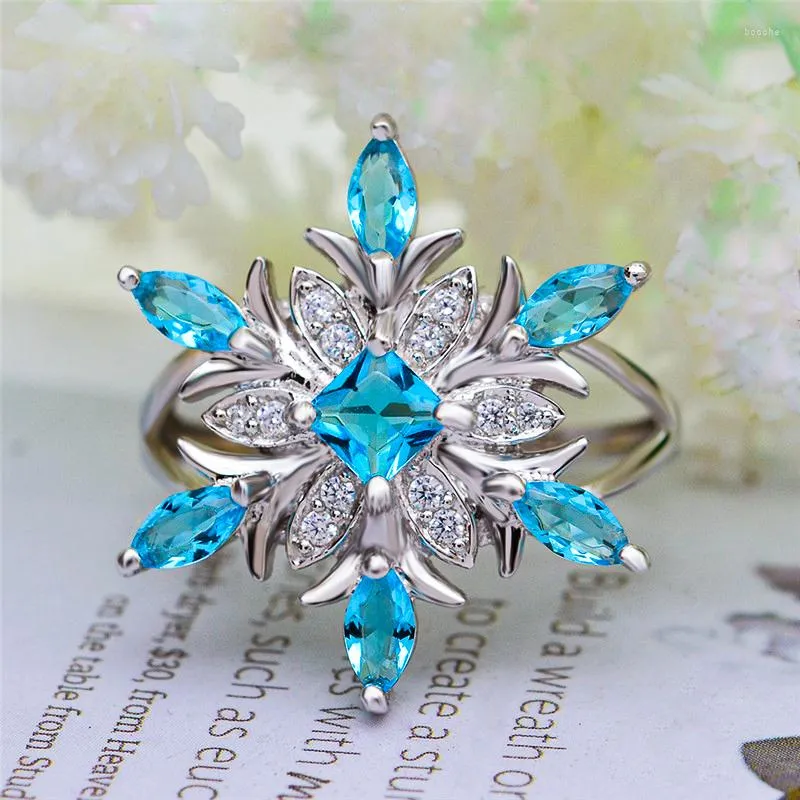 Cluster Ringen Luxe Vrouwelijke Natuurlijke Aquamarijn Bloem Ring Echte Sterling Zilveren Sneeuwvlok Vintage Belofte Engagement Voor Vrouwen