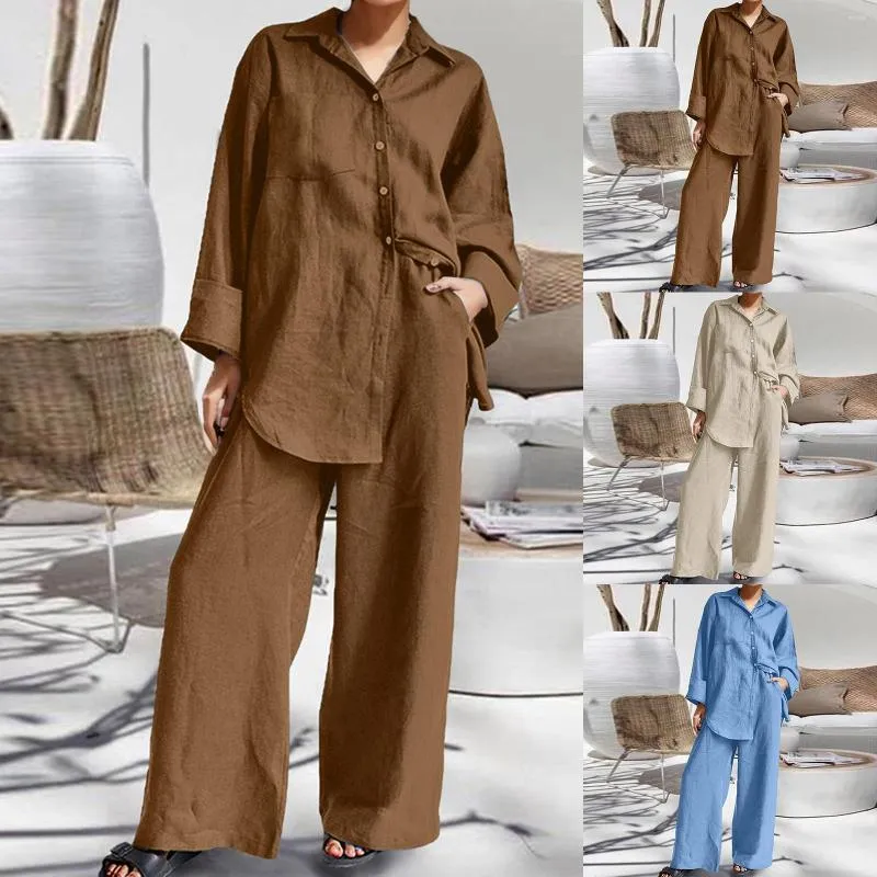 Breathable Cotton Linen Linen Set Outfit Long Sleeve Top And Pant