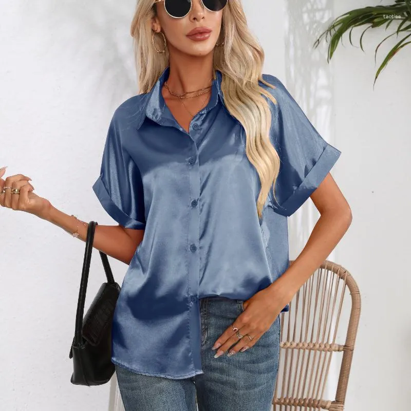 Blusas femininas 2023 verão manga curta camisa de seda feminina moda botão blusa de cetim escritório sólido solto topos blusas camisas casuais elegantes