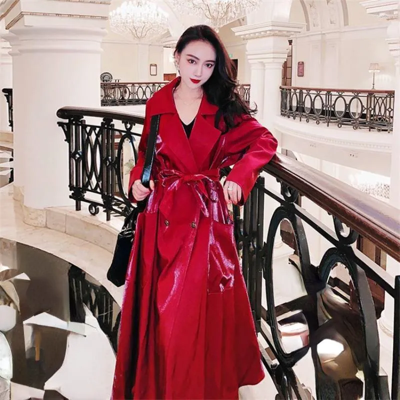 Women's Trench Coats 2023 Fall Spring Women Double Breasted High Waisted Wine Red Long Coat Autumn Woman Clothing Bling