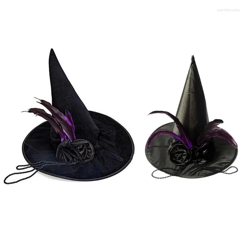 Berets Festa de Halloween Chapéus de Bruxa Aba Larga Chapéu Acessório Preto com Conjurador de Corrente