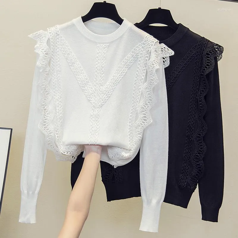 Женские свитера, черно-белые кружевные милые корейские стили Harajuku, весна-осень-зима, вязаный винтажный пуловер, мода 2023, женский