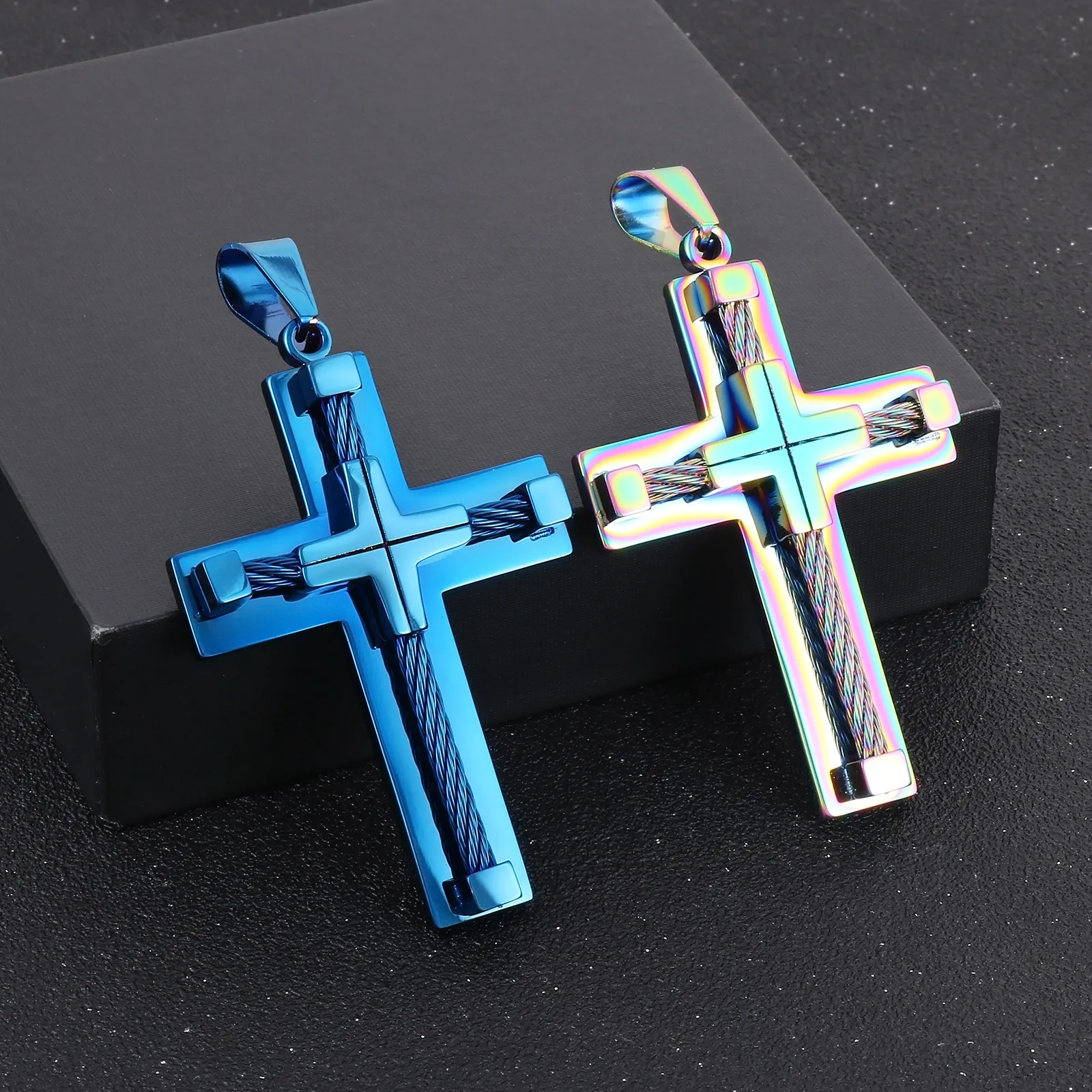 Novo masculino azul cruz pingente de aço inoxidável grande fio crucificação religião colar bola corrente prata 30''