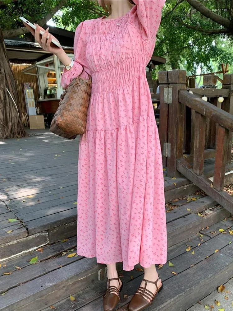 Casual Dresses Pink Floral Women Autumn Sleeve French Style Fashion Bodycon Vintage Temperament Aesthetic Midi