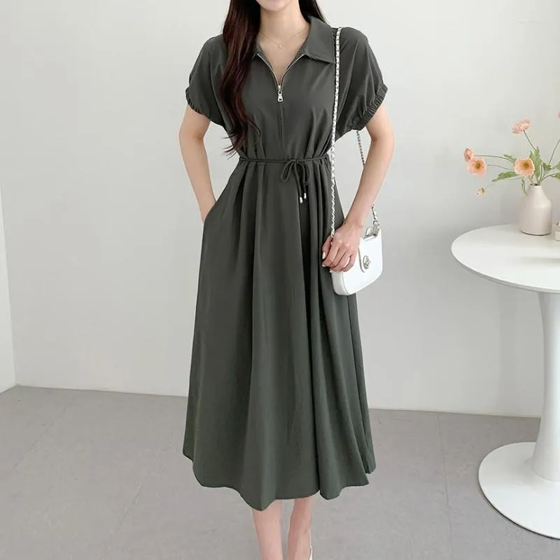 Casual Dresses South Korea Chic Summer French Style Zipper Semi-open Collar Lace-up Waist Slimming Short-sleeved Long Dress