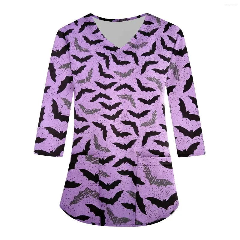 Women's T Shirts Loose V Neck Pocket Halloween Bat Print Three Quarter Sleeve Workwear Top Female Fashion UniformTop T-Shirts 2023