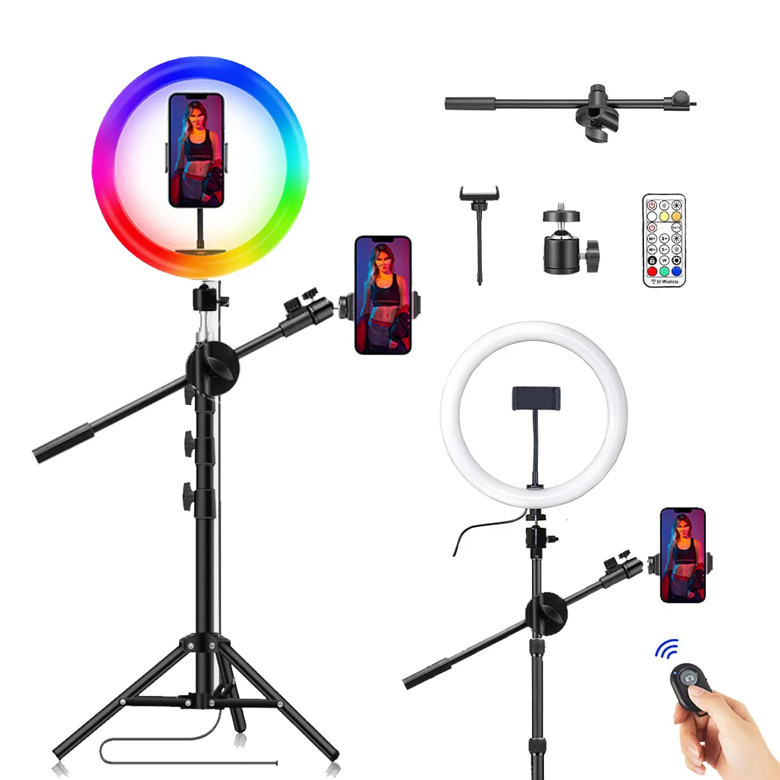 Selfie Lights RGB Pographie Led Vidéo Anneau Lumineux Cercle Remplissage Éclairage Caméra Po Studio Téléphone Selfie Lampe Avec Trépied Support Boom Bras 230904