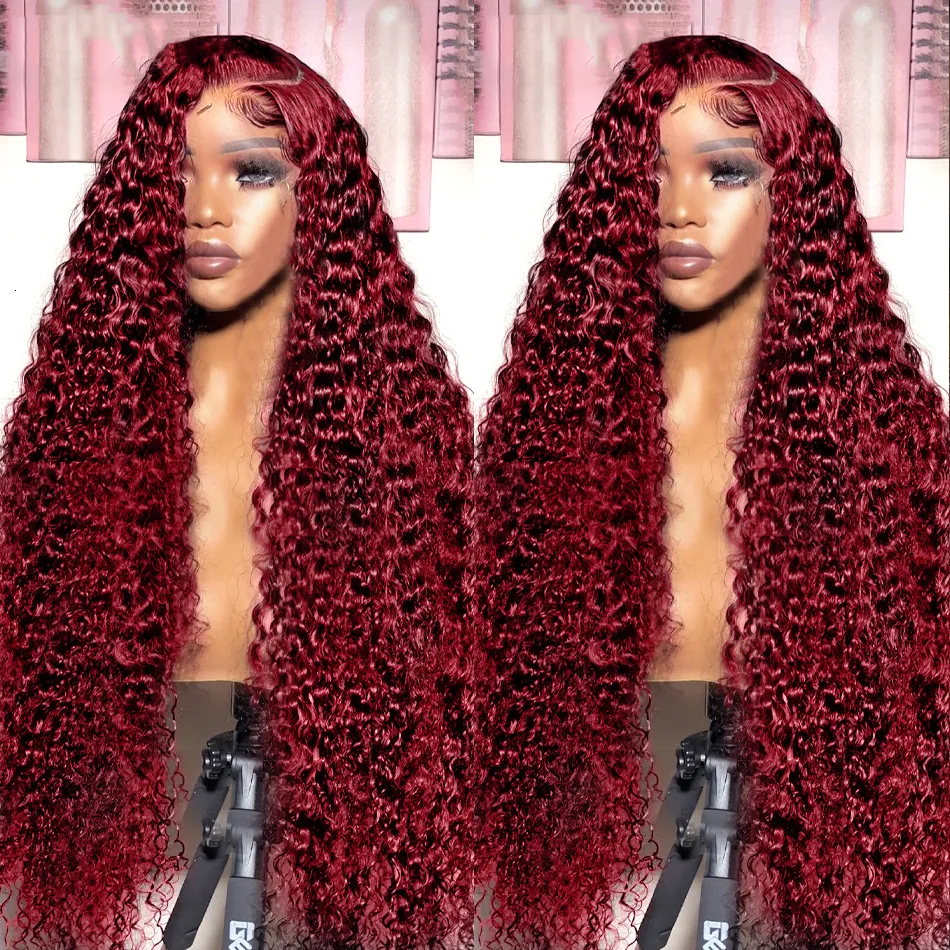 Parrucche sintetiche Ricci Borgogna 13x6 HD Parrucca frontale in pizzo Capelli umani Brasiliani 99J Colore rosso Onda profonda 13x4 Parrucche anteriori in pizzo per capelli umani per le donne 230901