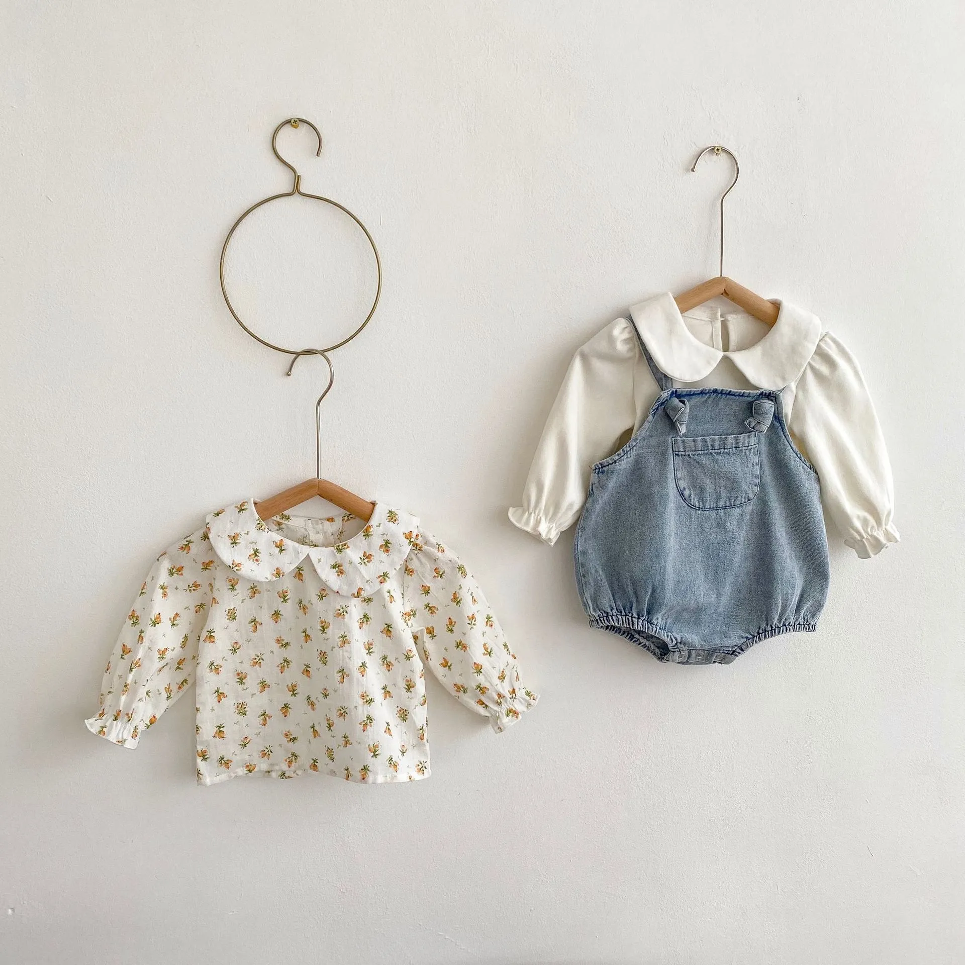 Осенний комплект детской одежды для маленьких девочек, комбинезон с воротником, джинсы, хлопковая майка с большими карманами, одежда для детей, 2594