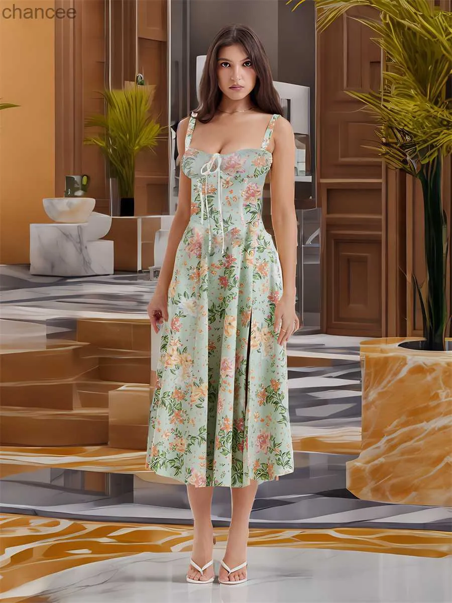 Basic Casual Dresses Flower Print Square Neck Bustier Maxi Dress for Women Summer Floral Corset Midi Dresses French Cottagecore Sundress D Pink Small LST230904