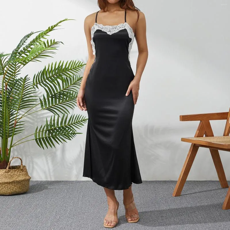 Casual Dresses 2023 Fashion Women Lace Patchwork Backless Black Slip Dress Retro Sexy Sleeveless Bodycon Maxi For Club Cocktail Party