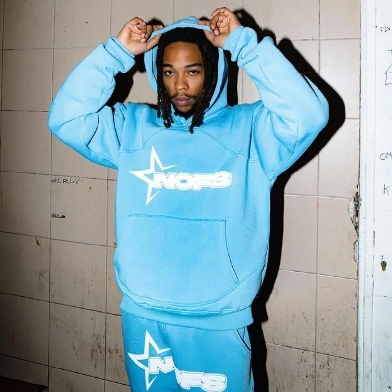 NOES Y2K Mens Printed Star Hoodie And Sweatshirt Set Streetwear
