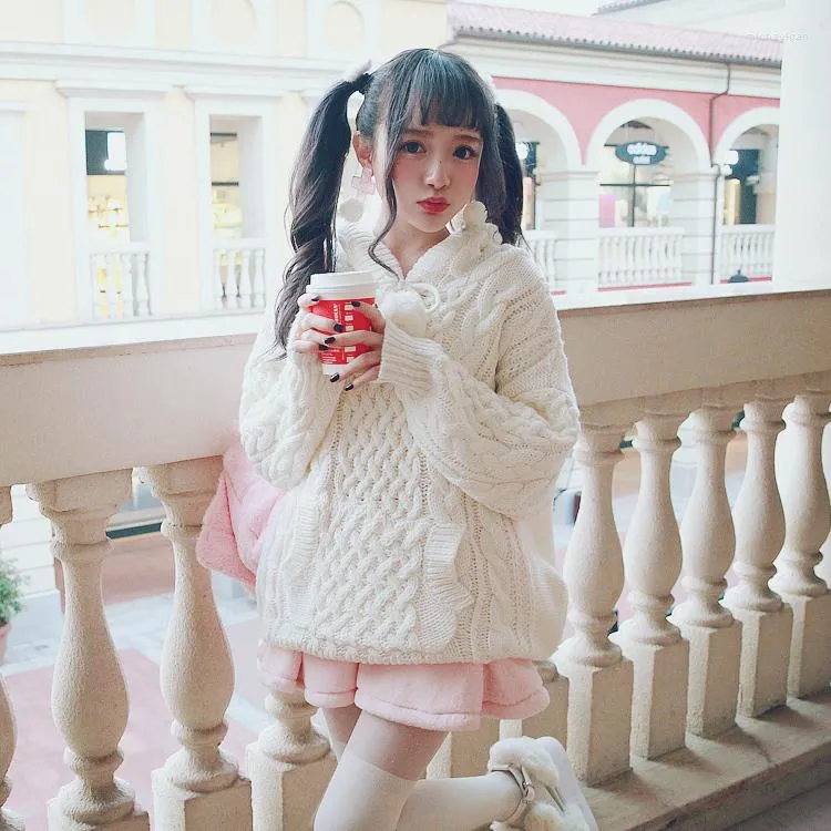 Women's Sweaters Princess Sweet Lolita Student Sweater BOBON21 White Cherry Hair Ball Twist Thick Coarse Needle Cap Wool T1428