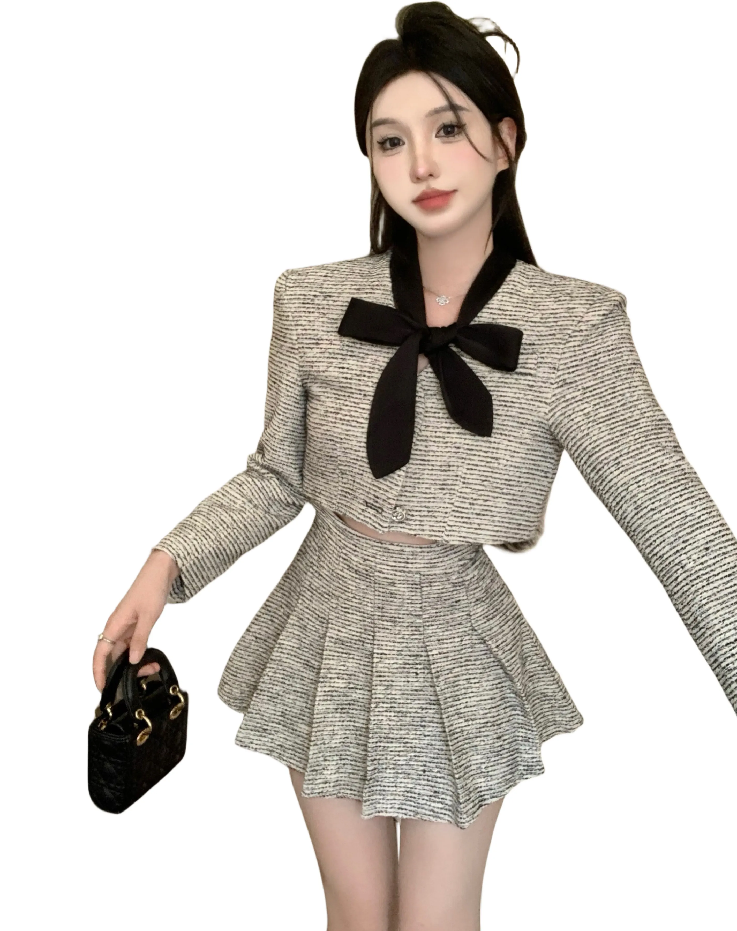 Women's autumn lacing bow collar tweed woolen high waist short jacket and pleated mini skirt twinset 2 pc dress suit SML