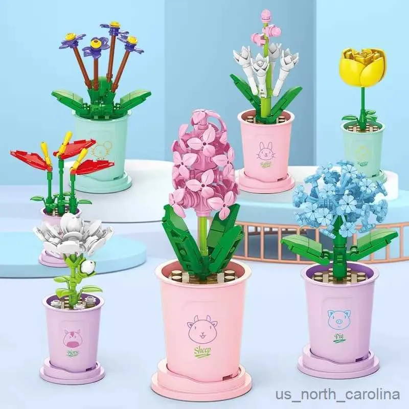 Blocos do zodíaco flores da sorte mestre da arte floral blocos de construção brinquedos pequenos vasos de plantas R230907