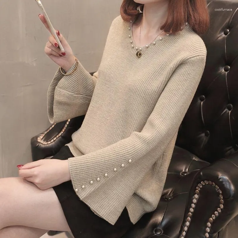 Women's Sweaters V-neck Small Sweater 2023 Autumn Short Flare Underwear Blouse Long Sleeve All-Match Knitwear Fashion