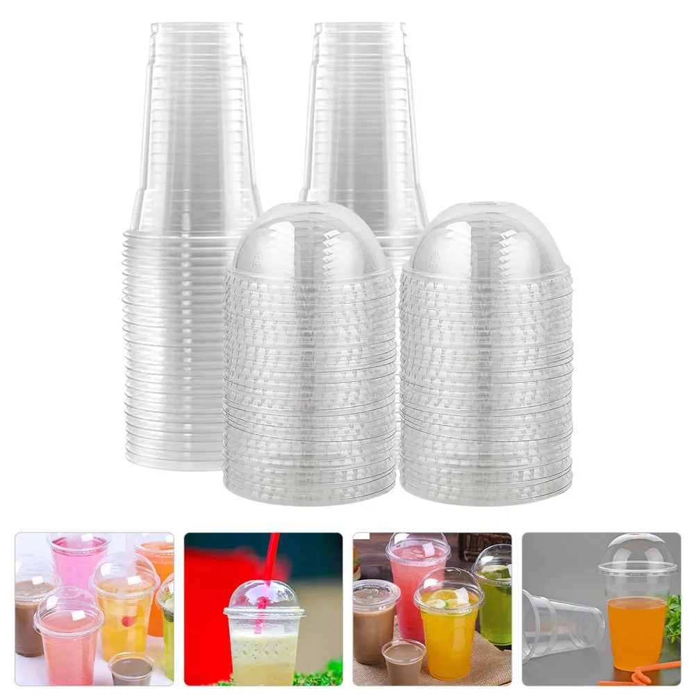 Engångsgräs koppar kopp klar plastsaft lock flaskor dricka mjölkdessert lock is te tumbler kall kupol transparent dryck kräm 230901