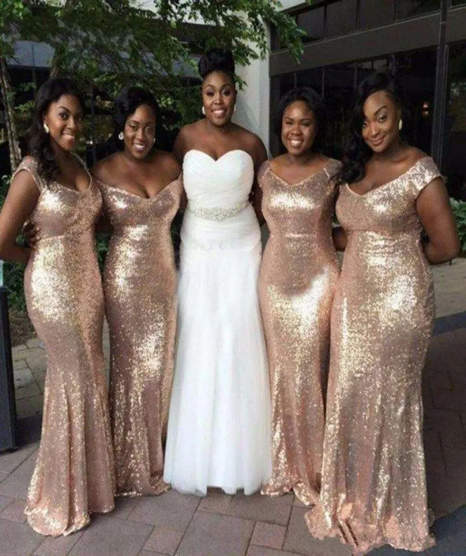 Rose Gold Sequins Bridesmaid Dresses Mermaid Arabic Floor Length Ruched Custom Made Plus Size Maid Of Honor Gowns Vestidos For Boho Beach Wedding 403