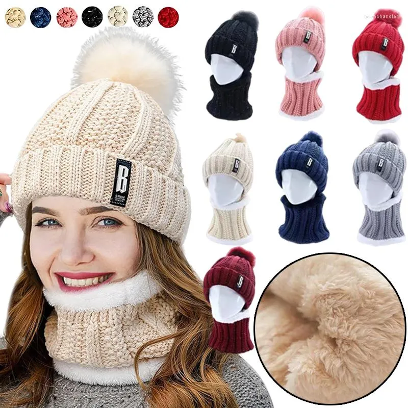 Berets Winter Hat Womens Beanie Hats Thick Warm Skullies Knitted Women Letter Bonnet Cap Outdoor Riding Scarf Set