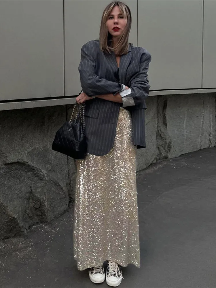 Sparkling Sequin Maxi Gold Midi Skirt High Waist, Loose Fit