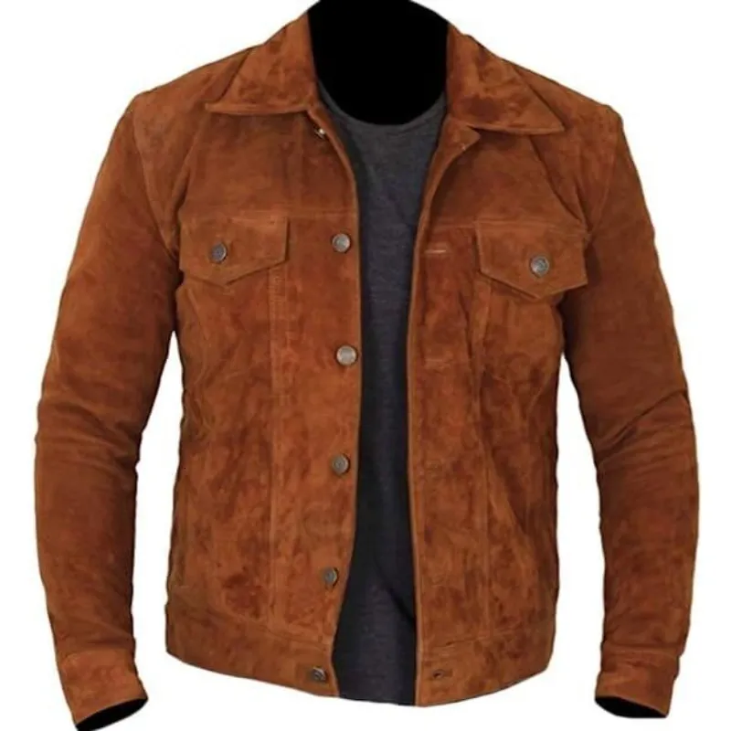 Мужские куртки из натуральной замши, коричневая куртка Fashion Rider, пальто на пуговицах в стиле ретро, мужская одежда 230901
