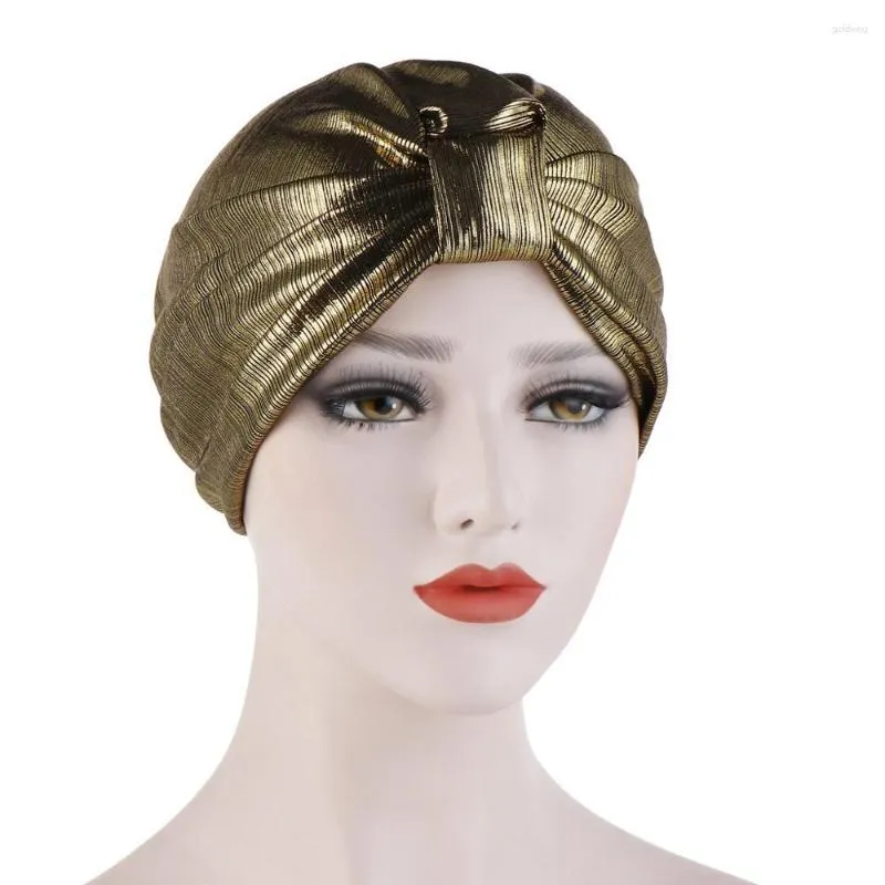 Roupas étnicas Glitter Knotted Turban Caps para mulheres ouro prata muçulmano chapéu senhoras perda de cabelo quimio boné pronto para usar hijab bonnet